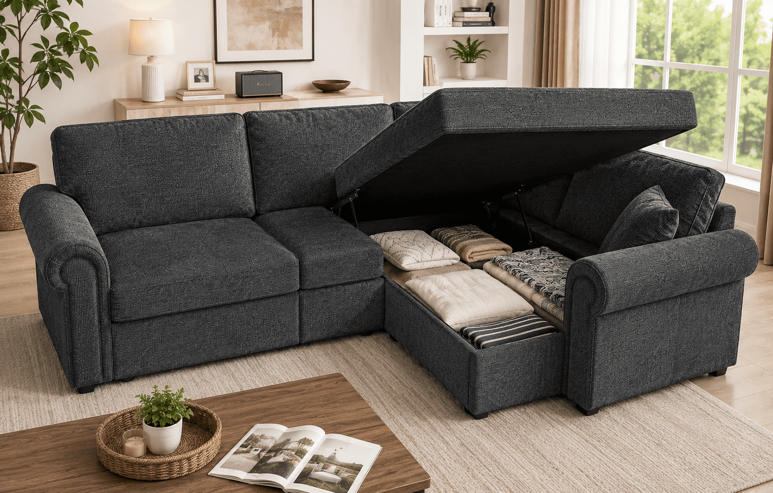 L shaped sectional sofa with hidden storage for blankets and pillows inside seat compartment
