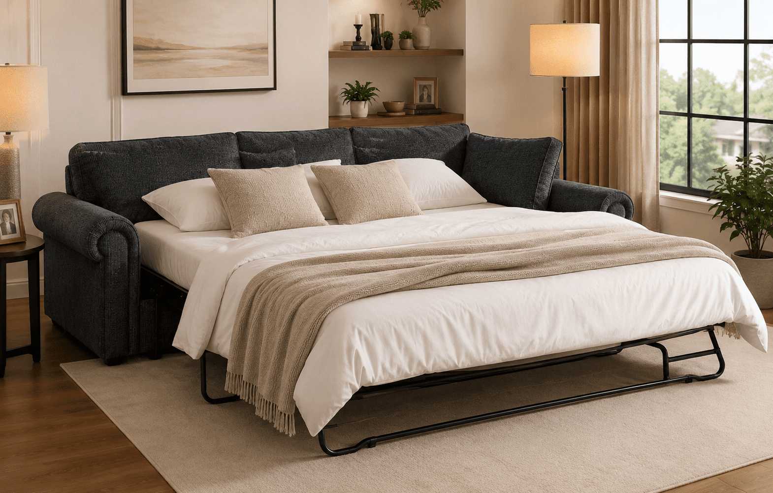 modular sectional sleeper sofa converted into pull out bed for guests in modern living room