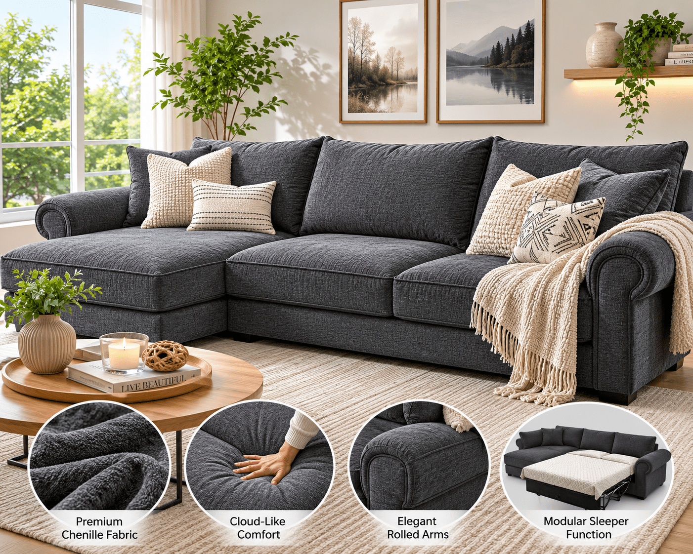 85 inch modular sectional sleeper sofa with storage in dark grey chenille fabric modern L-shaped couch