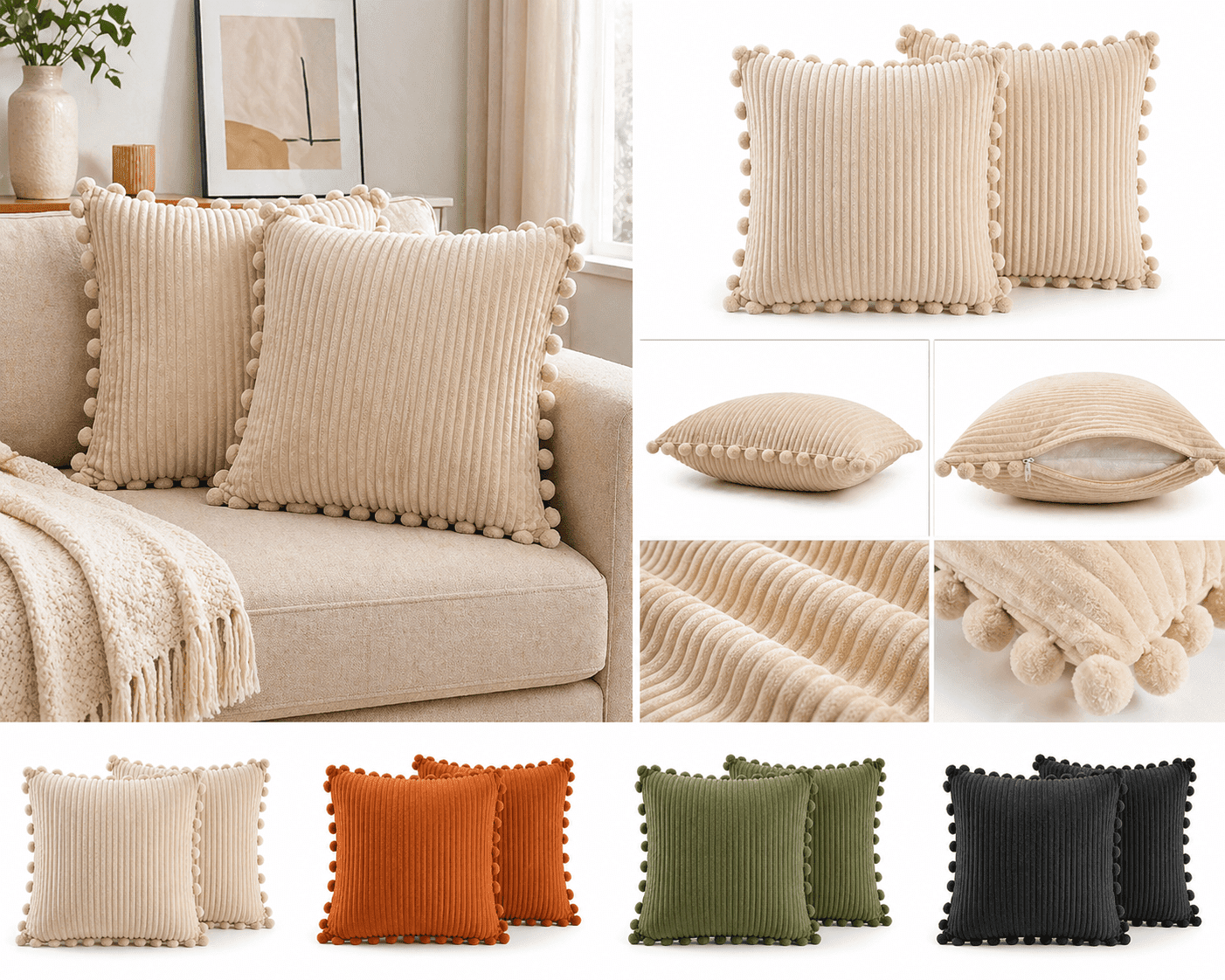 decorative corduroy cushion covers on sofa, pom pom pillow covers modern living room, soft throw pillow covers couch decor, boho cushion covers with pom poms, stylish sofa cushion covers aesthetic home