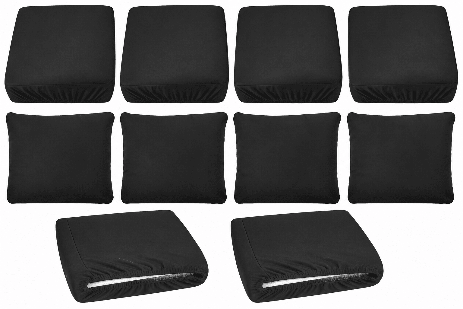 Black outdoor cushion covers set installed on modern patio sectional sofa with stretch waterproof slipcovers for outdoor furniture